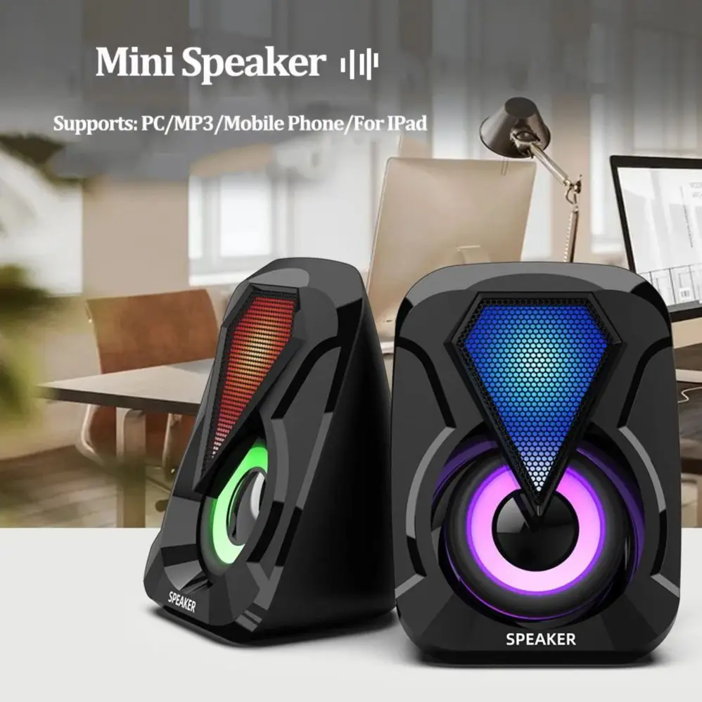 Altavoz de computadora con cable USB, altavoz estéreo de graves, luz RGB de color, computadora portátil, teléfono inteligente, reproductor de MP3