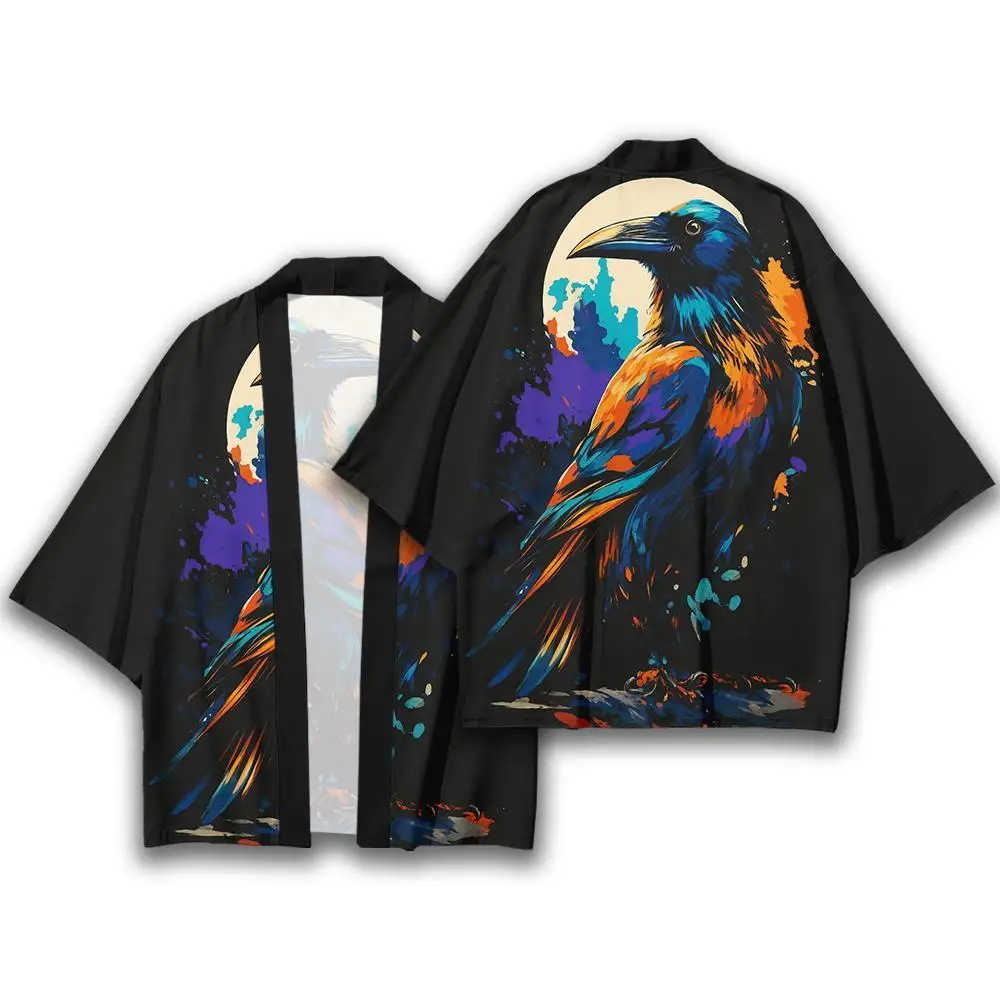 

Men's And Women's 3D Crow Pattern Kimono Cardigan Daily Casual Loose Feather Braided Jacket Harajuku Street Retro Clothing