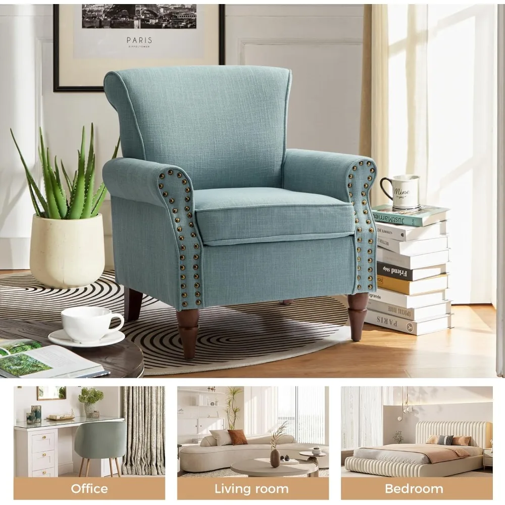 Contemporary Wingback Armchair with Wood Legs, Removable Cushion, and Nailhead Trim, Plush Upholstered Lounge Chair, Size S