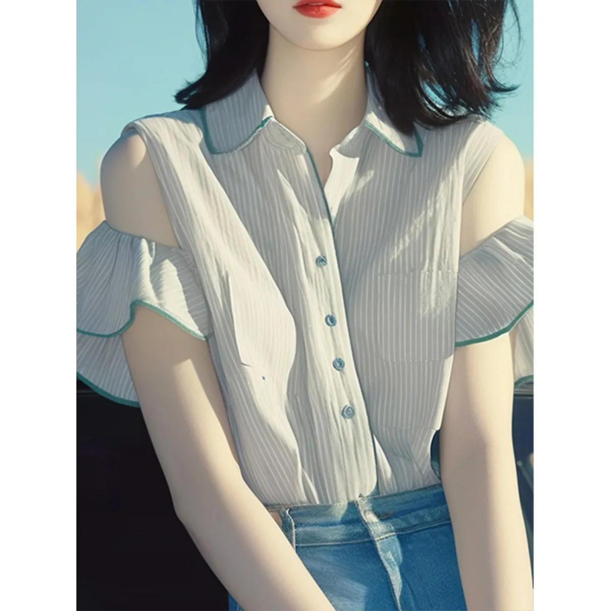 Único hermoso blanco rayas o hombro Bared ort Sve irt novedad de verano Sle Sweet Sle fibra de poliéster 00% Top de mujer