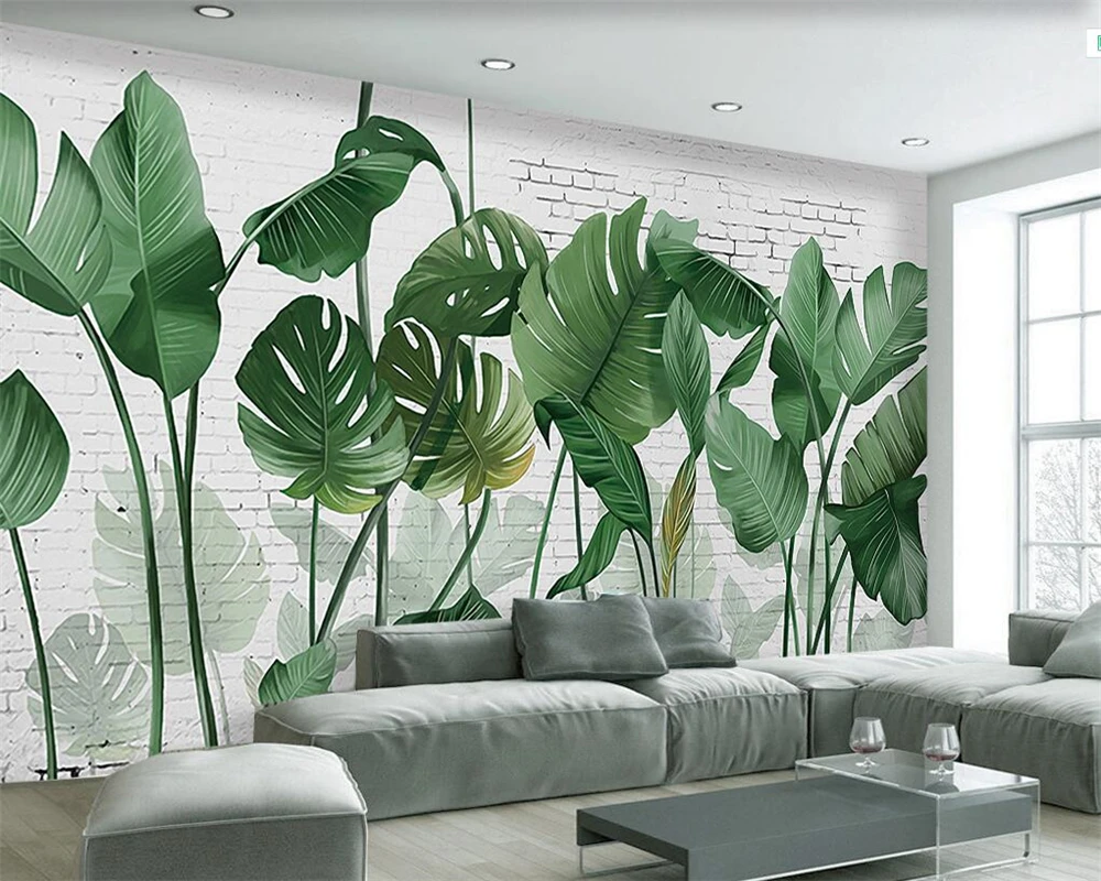 Customized products wallpaper Nordic hand-painted green brick wall plant banana leaf living room TV background 3d mural bedroom