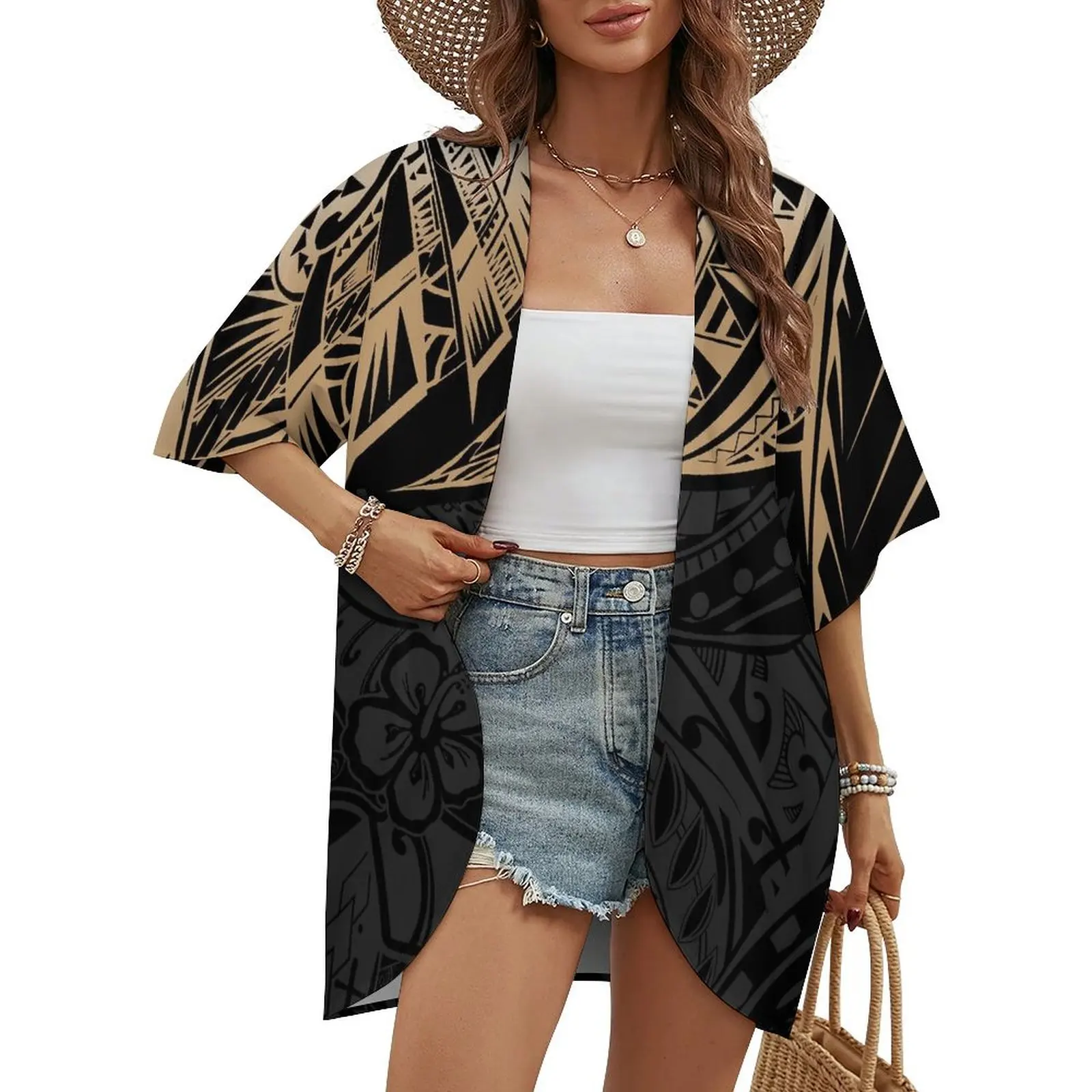 Casual Print Custom Cardigan Coat Lapel Cardigan Ladies Loose Half Sleeve Oversized Shirt Ladies Polynesian Style Shirt  Coat