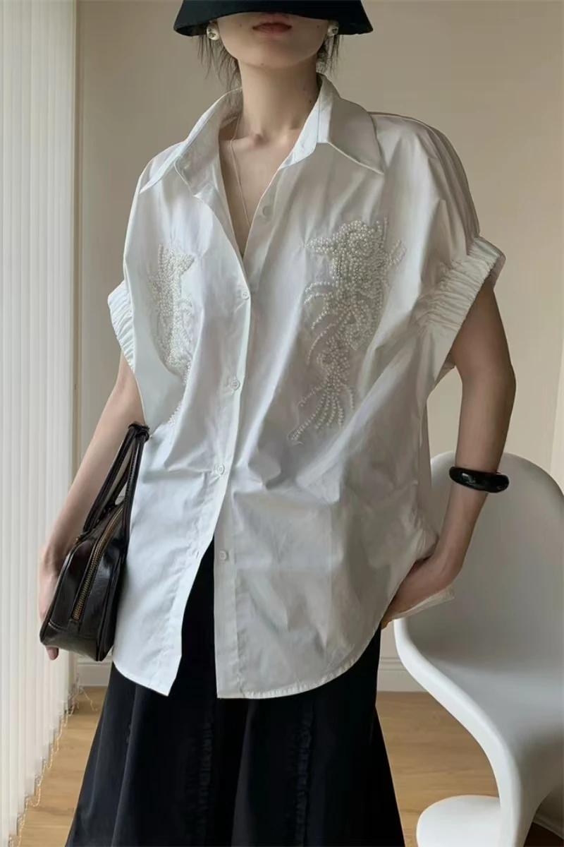 

Женские хлопковые рубашки с жемчугом и вышивкой бисером, свободная повседневная однобортная блузка с коротким рукавом, лето 2025, новые модные блузки