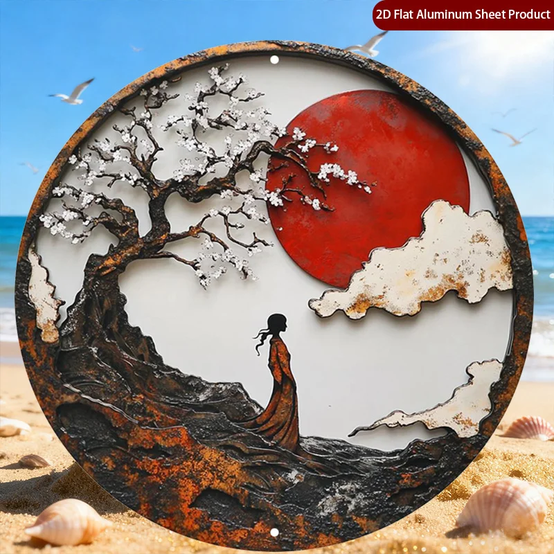 Oriental Plum Blossom Red Sun Ancient Chinese Lady Silhouette 2D Flat Vintage Metal Plaque Asian Style Wall Art Home Decor Gift