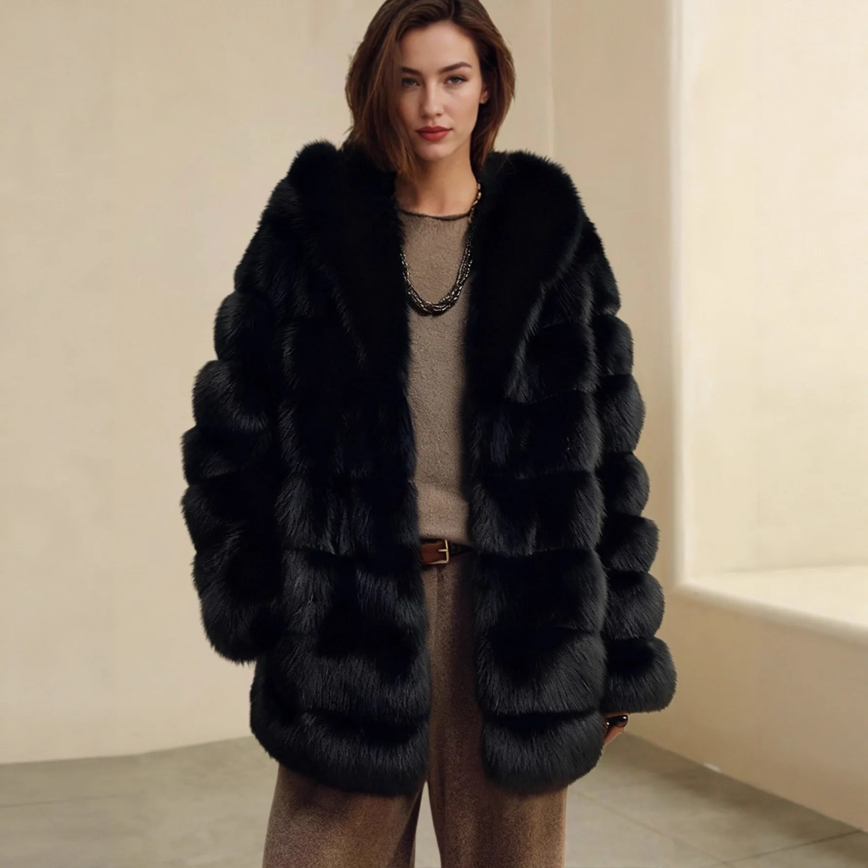 

2026 Autumn Winter New Women Hooded Imitation Fox Fur Leather Coat Warm Overcoat Fashion Casual High End