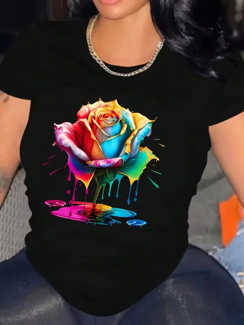 Vibrant Rainbow Dripping Paint Rose Women's T-shirt Casual Soft Washable Crew Neck Top for Artistic and Floral Style Enthusiasts
