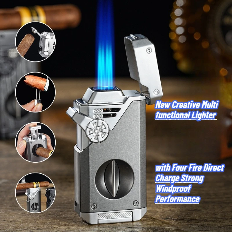 

New Fashionable Retro Multifunctional 5-in-1 4 Straight Point Lighter for Men Light Luxury Lighter Gift Cigarette Accessories