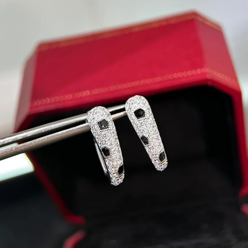 Trendy Real 925 Sterling Silver Earrings For Women Anniversary Gift Leopard Print Bar Stud Design 5A Zircon Luxury Fine Jewelry
