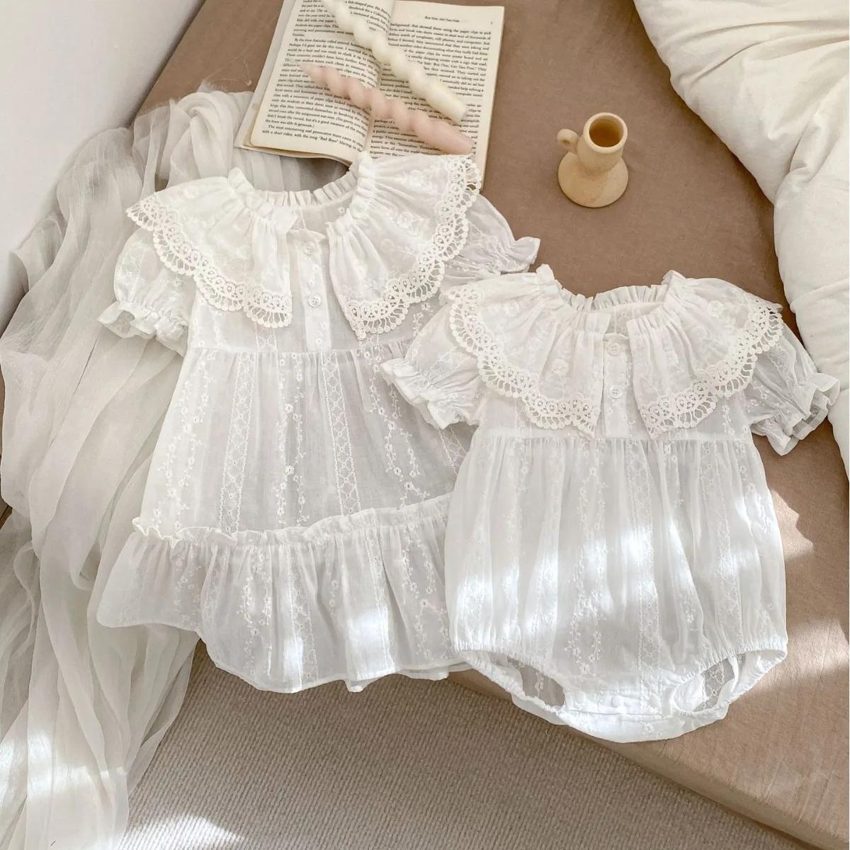 2024 Summer Baby Girls Sister Look Muslin Short Sleeve Solid Loose Infant Girls Rompers Lace Collar Toddler Girls Dress