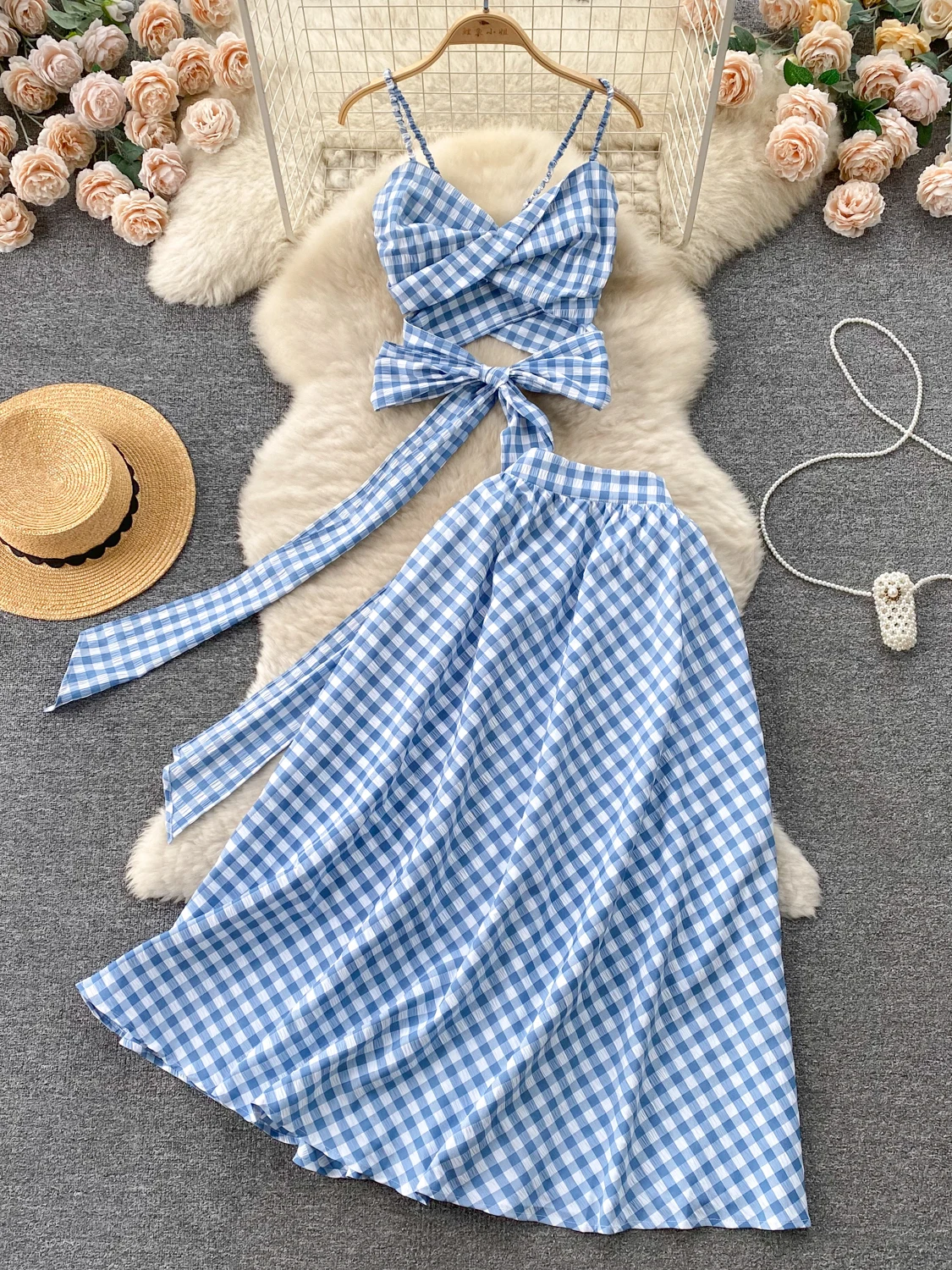 

Summer Print Plaid Beach Skirts 2 Piece Sets Womens Tank Tops Outfits Fahion Crop Top and High Waist Long Skirt Two Piece Set