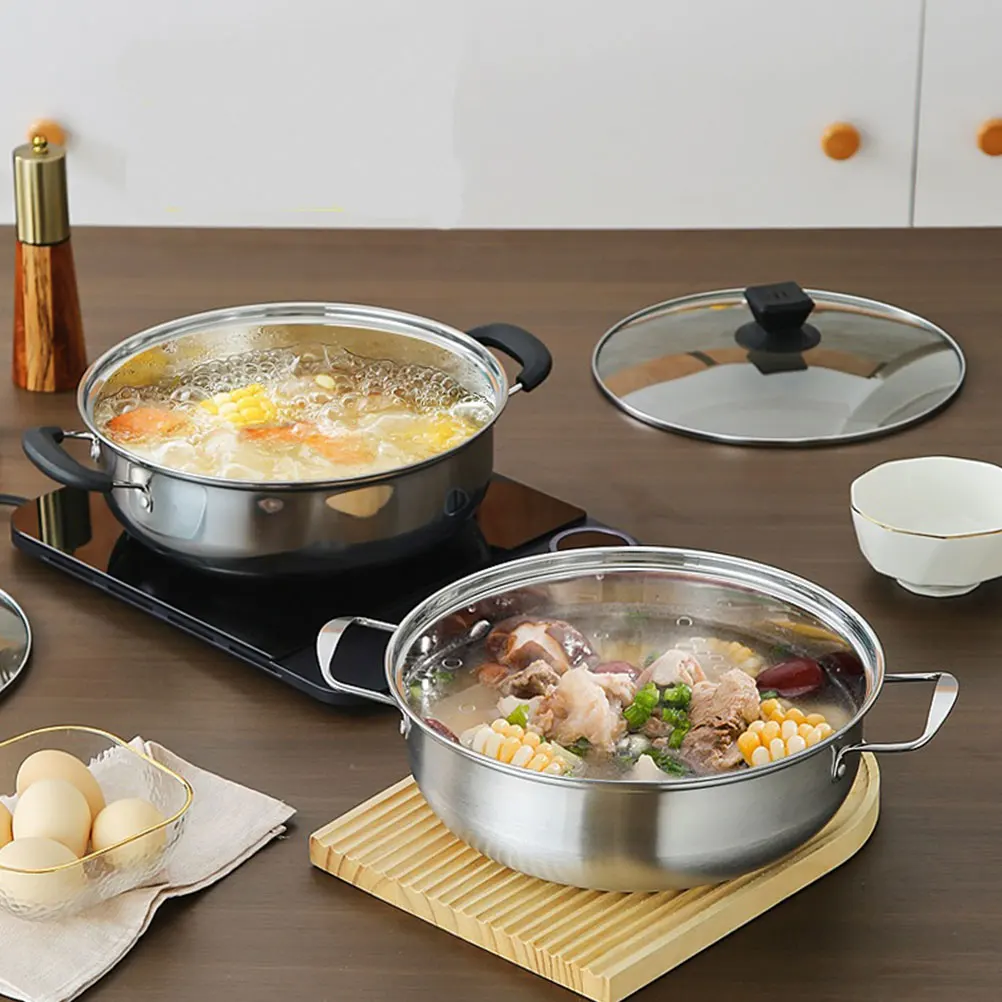 

Stainless Steel Hot Pot 28cm Double Handle Stock Pots Soup Cooking Large Capacity Stovetop Practical Hotpot Pan