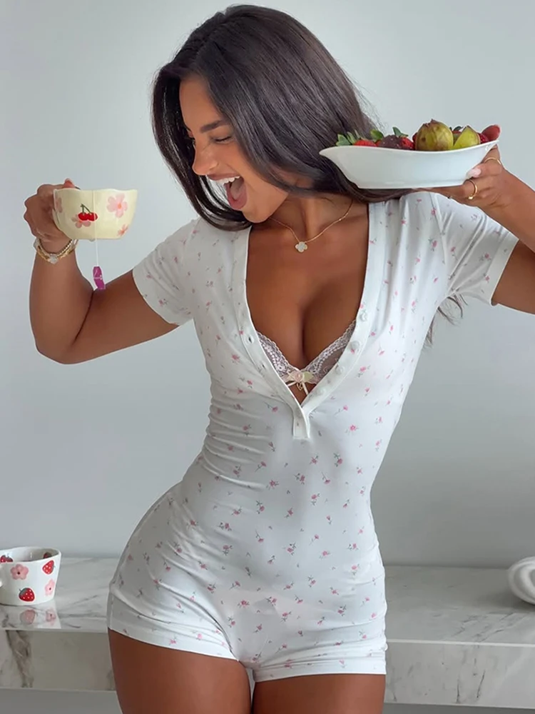 Nibber Sporty Floral Print Playsuit Women Simple Lace Patchwork Single-Breasted V-Neck Fashion Chic Skinny Casuals Streetwear