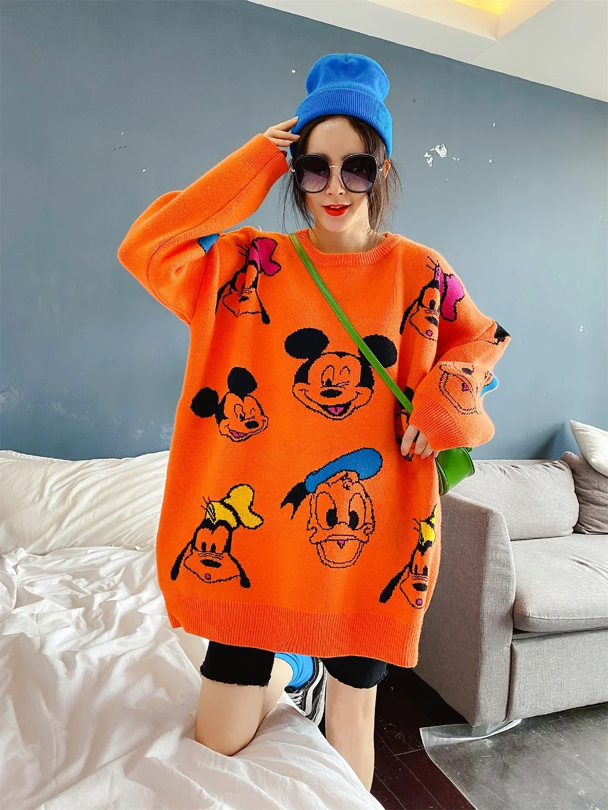 Loose Mid-Length Cartoon Knitted Sweater Women's Winter Thickened Thermal round-Neck Long Sleeve Pullover Knitting Coat Fashion