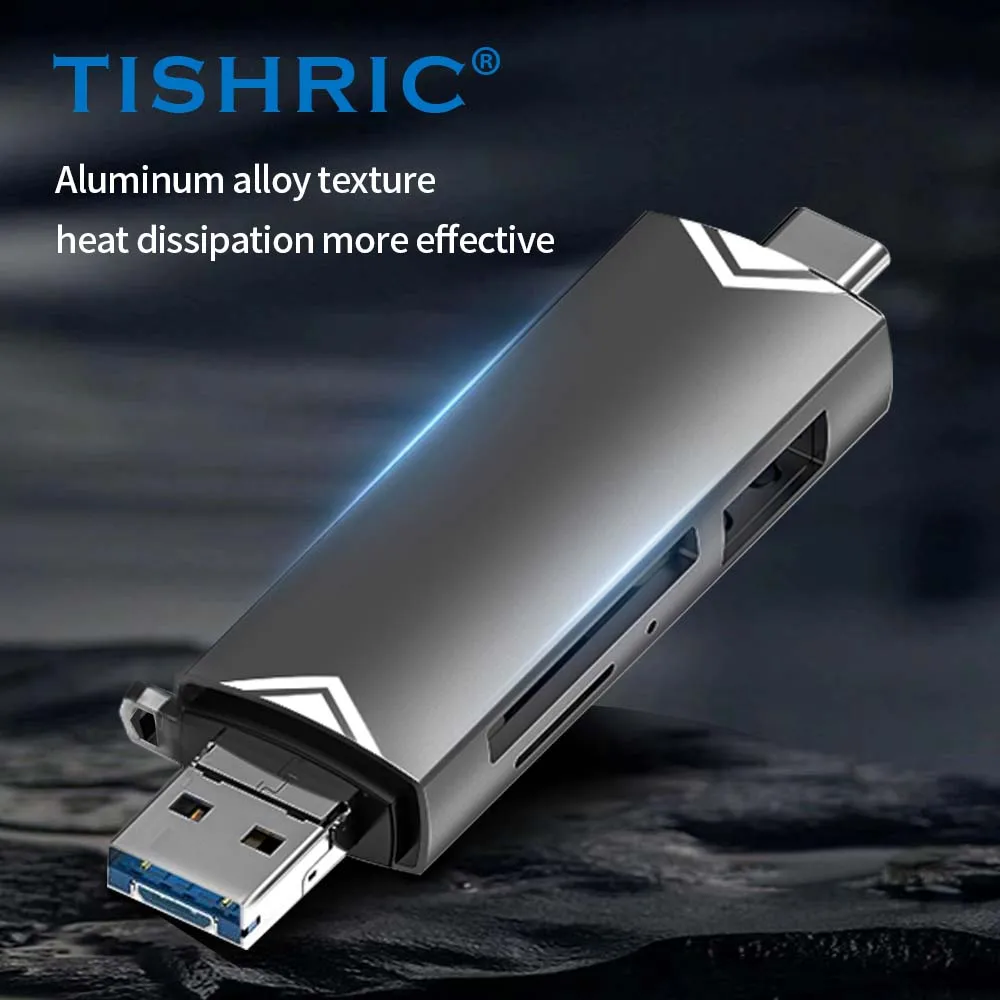 TISHRIC 6 In 1 Card Reader External U Disk TF Card SD Card Keyboard Mouse USB Type-C Interface Aluminium Alloy Card Adapter