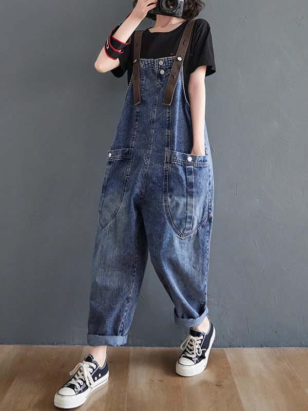 

Anti-Aging High Waist Loose Women's Denim Overalls Korean Sle Summer Faion Thin Strap Harem Nine-Piece Pants