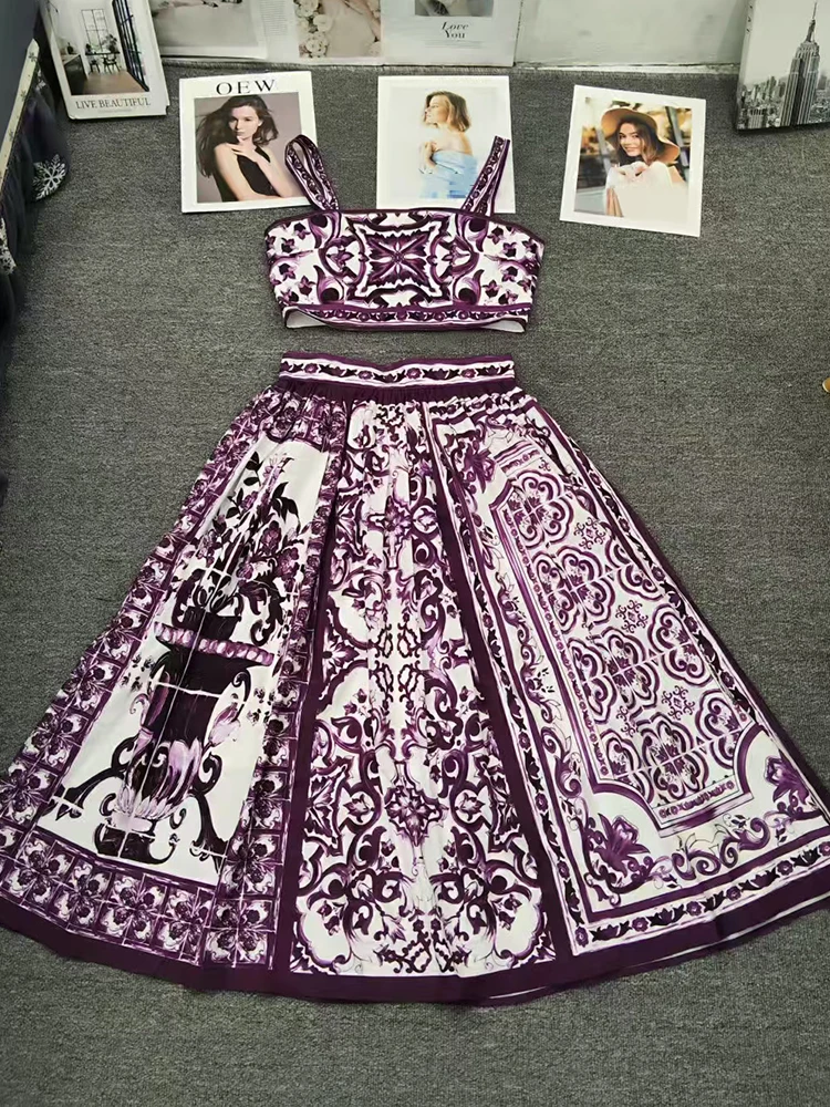 

Сексуальный комплект из двух предметов без бретелек с геометрическим принтом в стиле ретро для летней женской одежды 2025 + свободная юбка с высокой талией, модный комплект