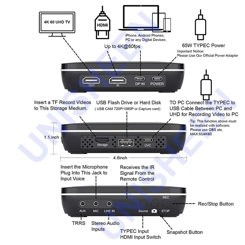 Unisheen UR380-Ultra 4k60 Streaming Support HDMI Smartphone DP USB Camera Recoding Video Recorder
