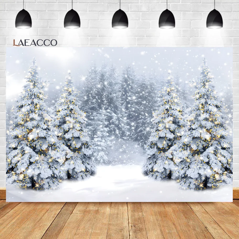 Laeacco Christmas Tree Farm Photography Backdrop Winter Night Dreamy Light Bokeh Forest Kids Birthday Famliy Portrait Background