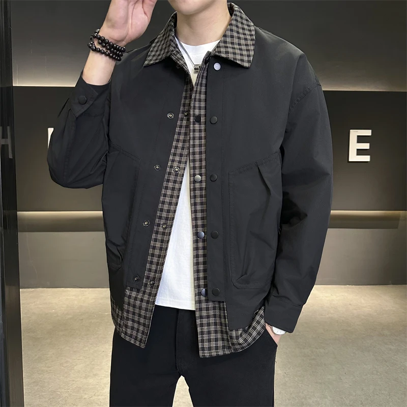 

GIOIOMen's Jacket，Spring and Autumn High-Quality Plaid Collar Patchwork Casual Jacket，Fashion Trend Men's Clothing