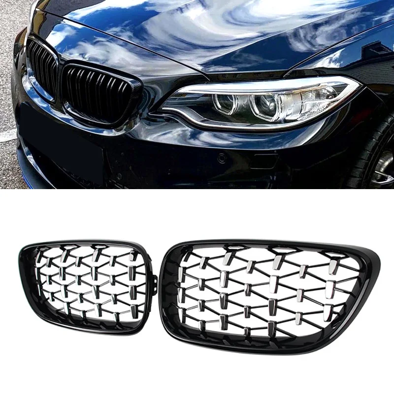 

Diamond Car Front Kidney Grille Racing Grill Silver Grills Gloss Black Grilles For BMW 2 Series F22 F23 F87 M2 14-19 Accessories