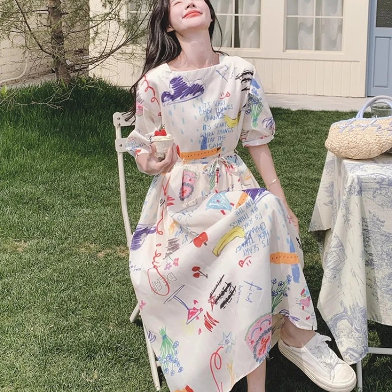 Novedad de verano, ropa de mujer, vestido colorido con dibujo grafiti de dibujos animados, dulce y fino, vestidos camiseros de longitud media con reducción de edad para mujer