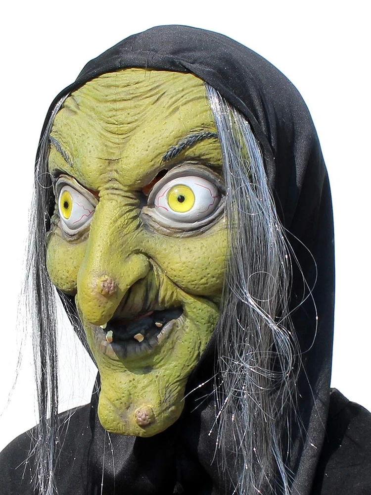 Halloween Horror Old Witch Mask with Hat Cosplay Scary Clown Hag Latex Masks Green Face Big Nose Old Women Costume Party Props