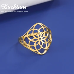 Lucktune Mandala Flower of Life Rings for Women Stainless Steel Sacred Geometry Amulet Finger Ring Vintage Jewelry Couple Gift