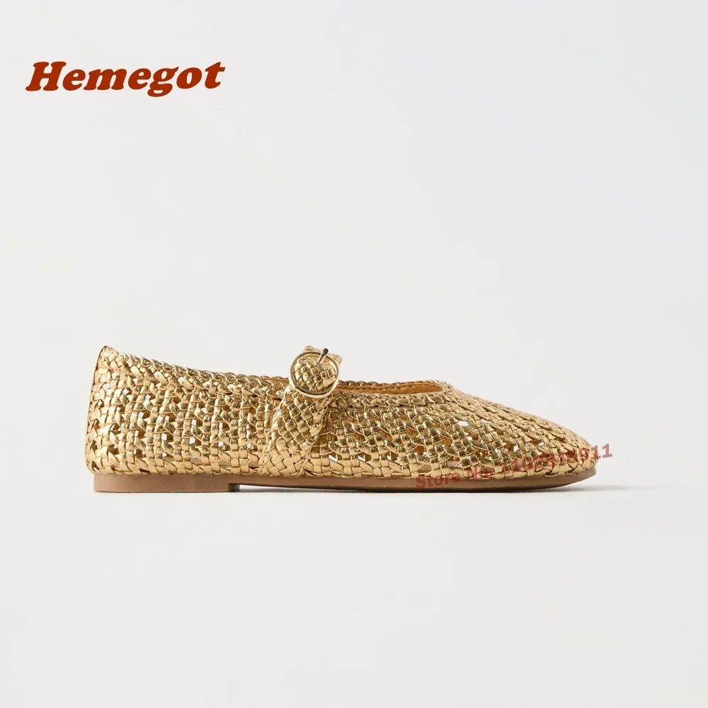 Hollow Out Weaven Flat Pumps Round Toe One Strap Buckle Women's Sandals Shallow Gold Metallic Summer Casual Shoes Newest 2024