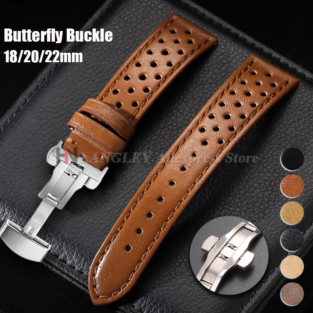 18mm 20mm 22mm Genuine Cowhide Leather Watch Band Strap for Men Women Butterfly Buckle Universal Breathable Bracelet Accessories