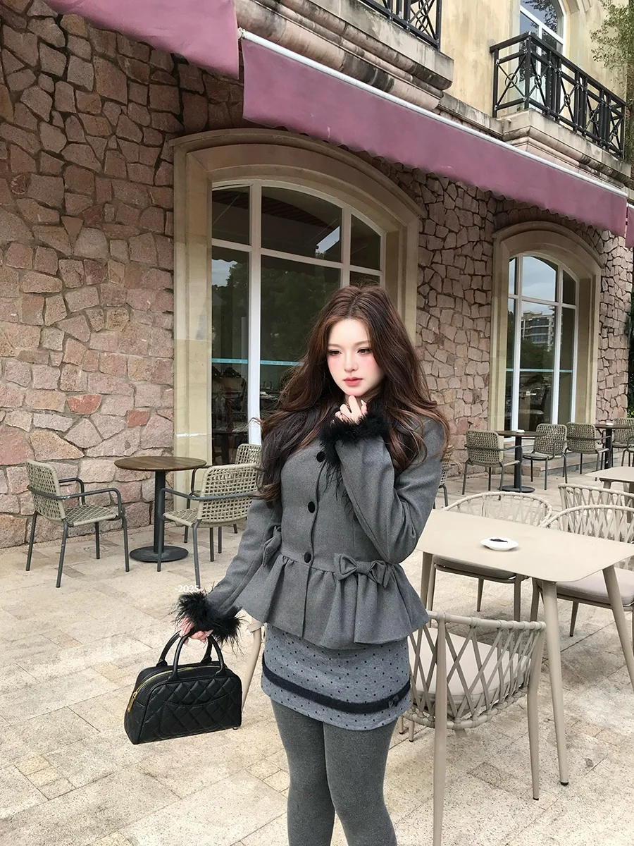 

Sweet Laura Miss Plump Girl Elegant Waist-Cinching Woolen Coat Polka Dot Skirt Two-Piece Set High Waist A-Line Skirt Lon...