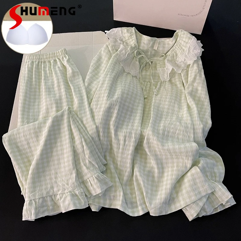 

Женская пижама с бантом на груди, новый зеленый клетчатый осенне-зимний комплект для сна, женский домашний костюм из чистого хлопка с длинными рукавами