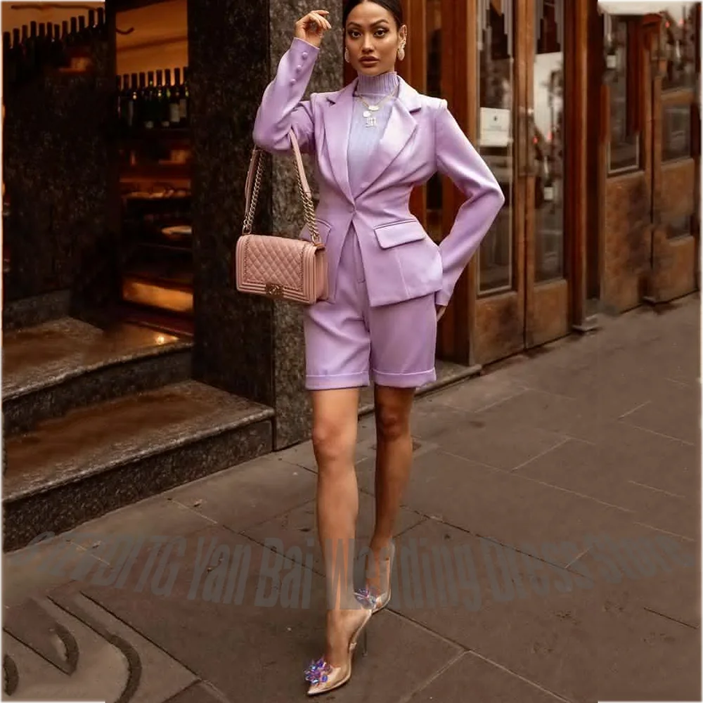 Daily Casual Women Short Suits Chic Single Button Satin Notch Lapel Blazer Pants Fashion Outfit 2 Piece Set for Party Sreetwear