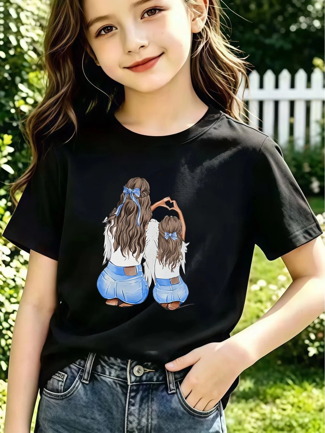 Kids Mother Daughter Angel Wings Blue Bow Heart Graphic Tee Boys Girls Family Matching Short Sleeve Sweet Love Everyday T Shirt