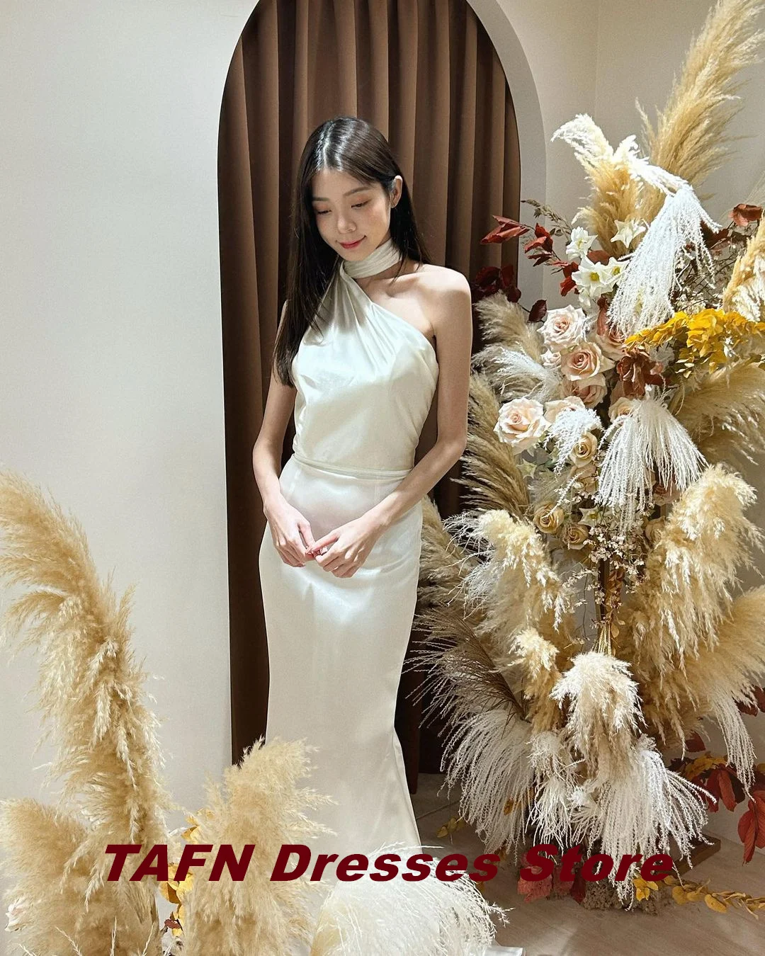 TAFN Simple Reception Dresses High Collar Sleeveless Elegant Wedding Shooting Dresses Floor-Length Sheath Bridal Gown