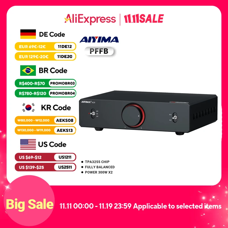 AIYIMA A20 PFFB Power Amplifier TPA3255 Hifi 300W X2 Stereo Power Amp With XLR/RCA Fully Balanced Input HPF High Pass Filter