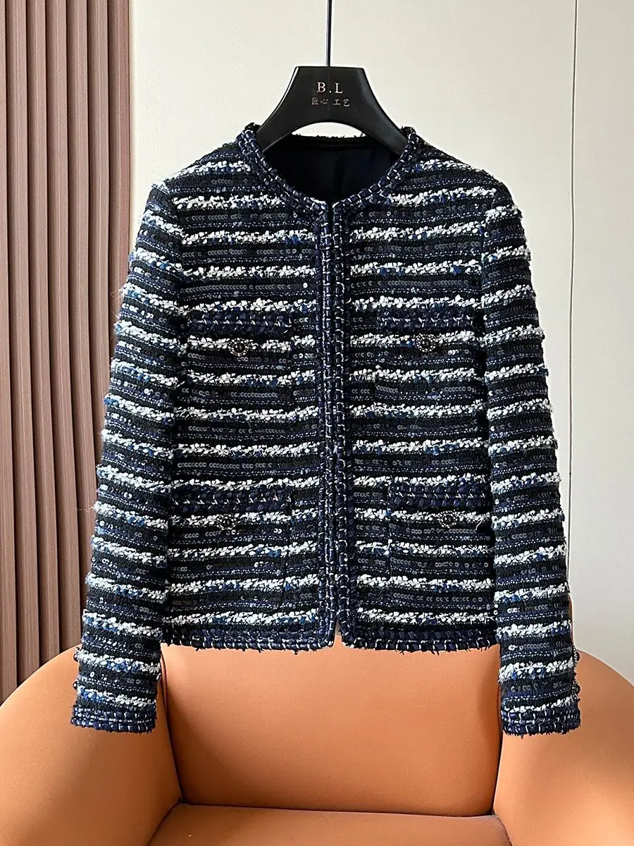 

2024 Spring Brand New Designer Fashion Women's High Quality Sequins Stripe Tweed Coat C828