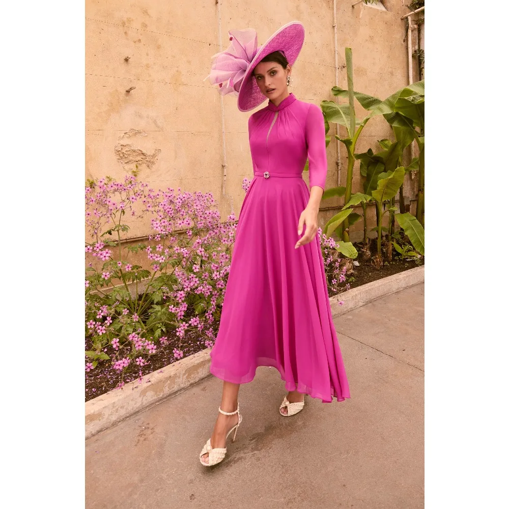 Vestidos de Madrina Rosa Intenso Personalizados 2026 para Mujer, Vestido de Noche Elegante de Gasa Drapeada con Corte en A, Vestidos de Fiesta Midi