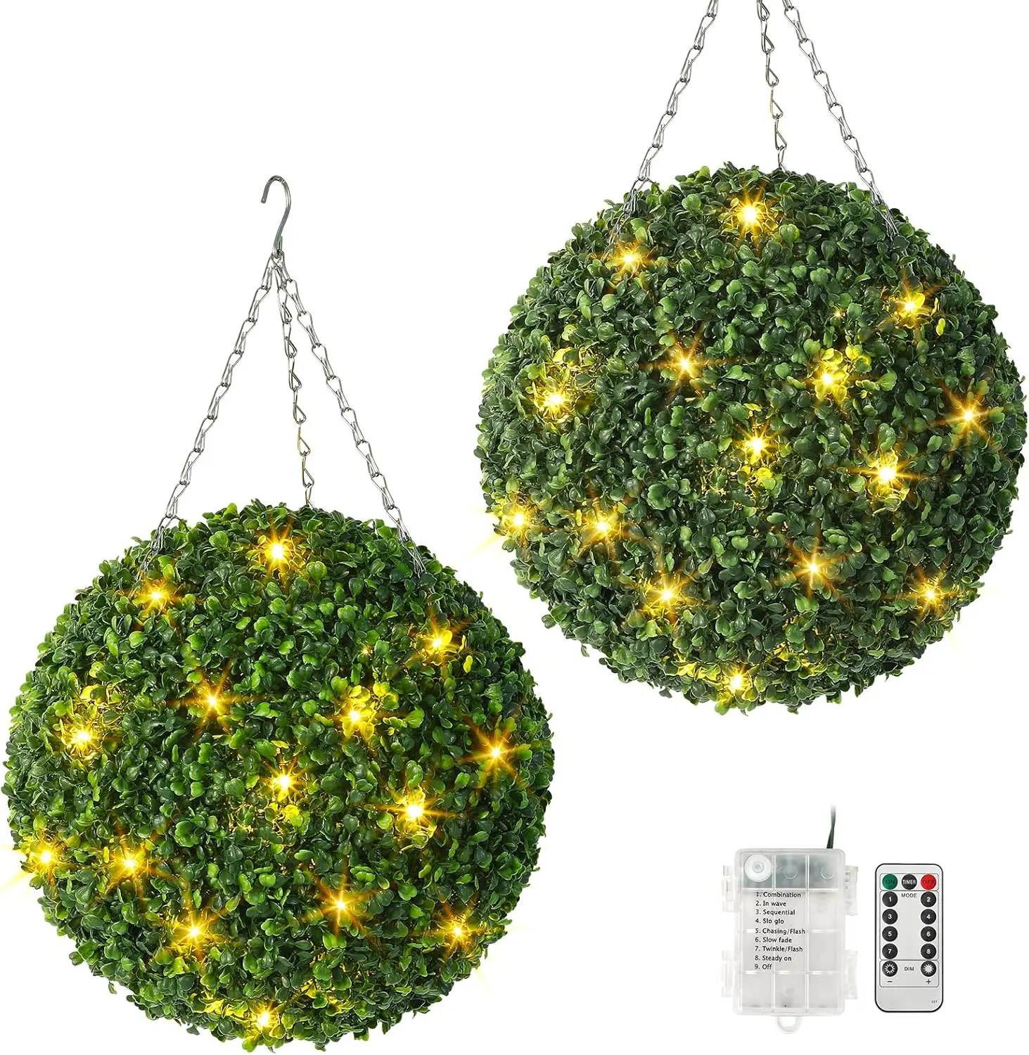 

2pcs 16” Artificial Plant Topiary Ball Pre-Lit Artificial Plant With 8 Mode 30 LED Lights, Battery Operated Remote Control