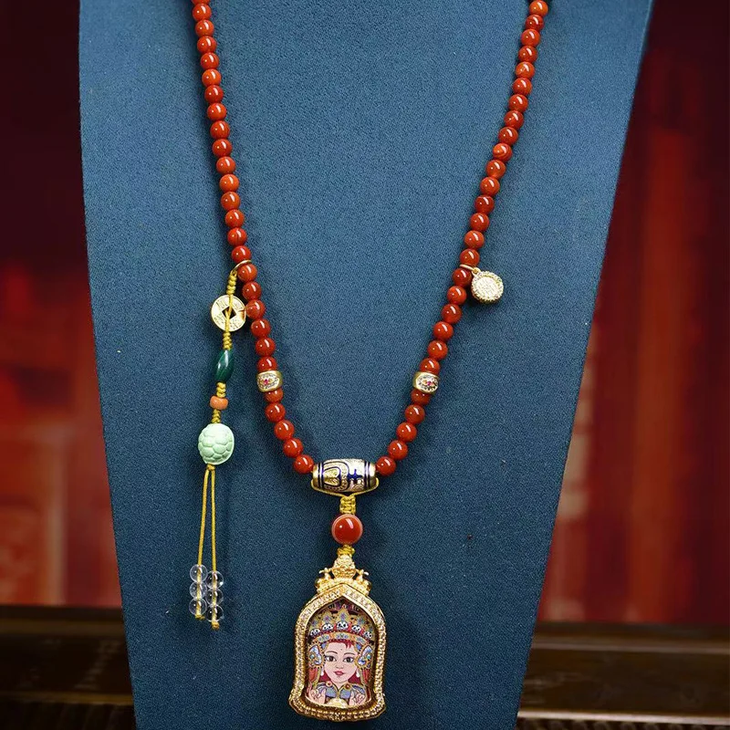 Buddhist bead red agate necklace, Zaki Ram, past and present lives, thangka Buddha amulet pendant, sweater , long chain