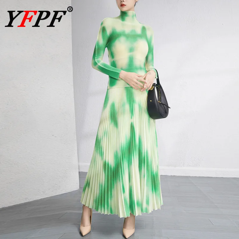 

YFPF Women Fashion Two Piece Set Miyake Pleated Long Sleeve Tops + Long Skirt Green Gradient Design Elegant 2025 New Clothing