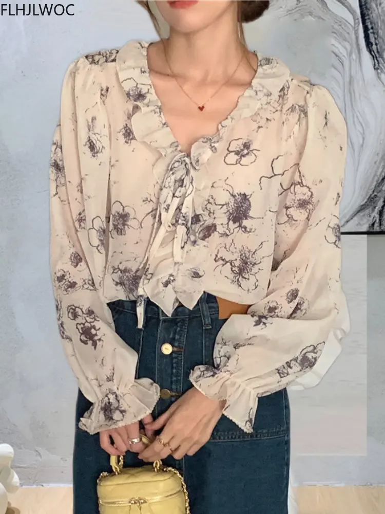 Hot Sales Japan Korean Design Tops Basic Wear Womens Flare Sleeve Floral Chiffon Sweet Date Lady Ruffled Bow Tie Blouse Shirts