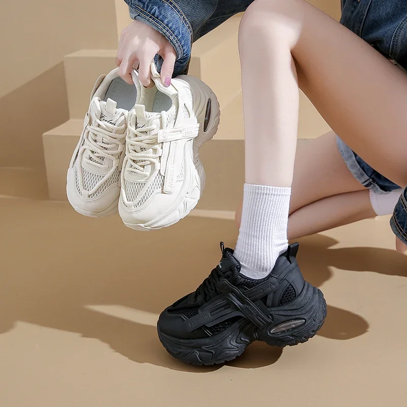 

Женские черные кроссовки на массивном каблуке, туфли на толстой подошве, модные туфли на рост, увеличивающие рост, кроссовки на высокой платформе, женские кожаные туфли для папы