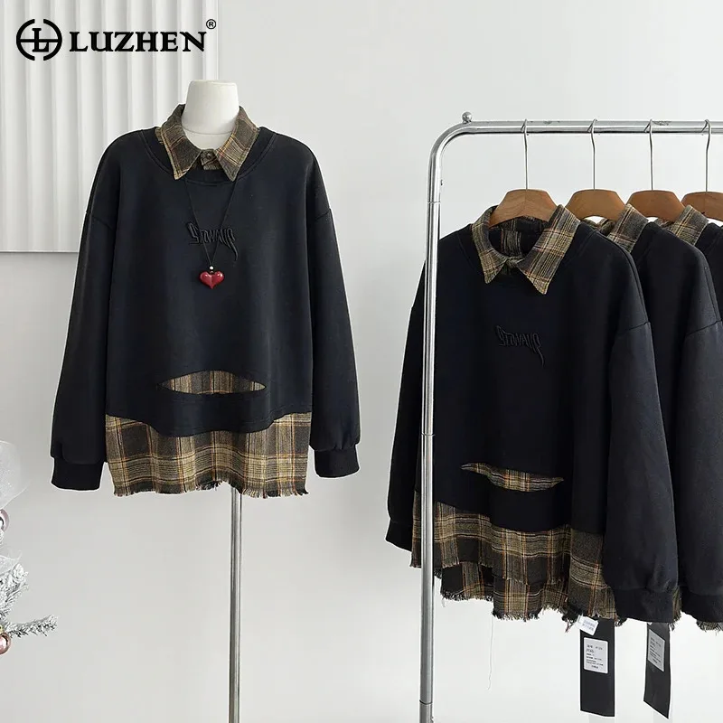 LUZHEN Fashion Personalized Plaid Printed Splicing Design Lapel Pullover Fake Two Piece Women's Fashion Loose Sweatshirt AA2817