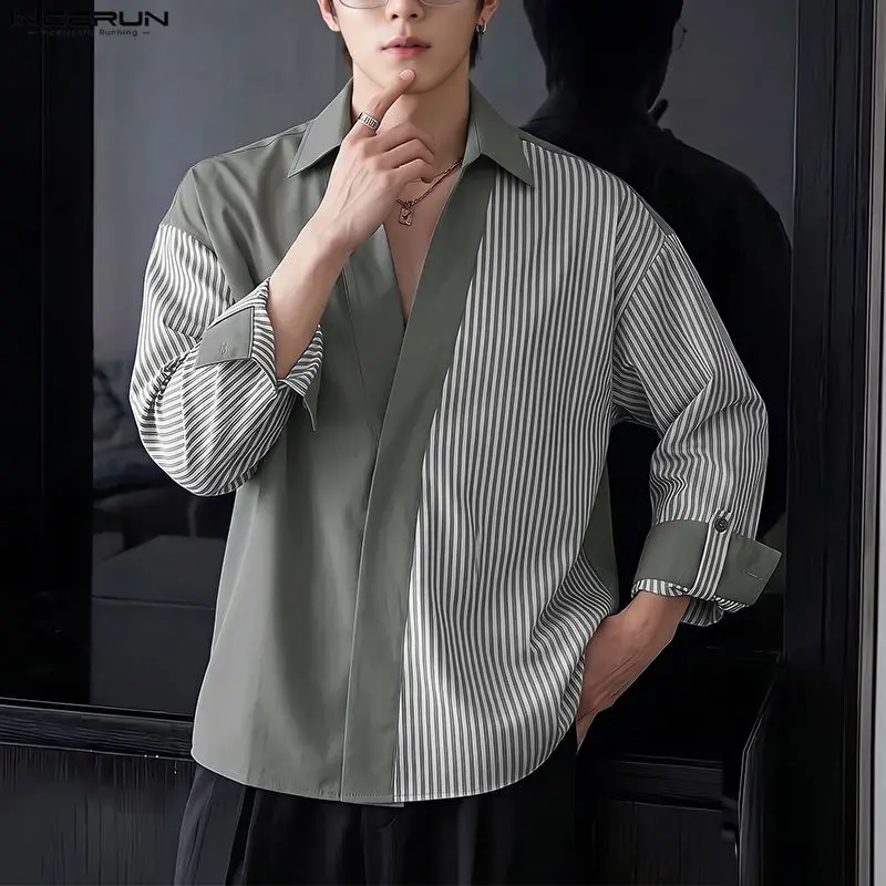 INCERUN Men's Shirt Striped Patchwork Lapel Long Sleeve Loose Casual Men Clothes Streetwear Korean Style Fashion Tops For Man