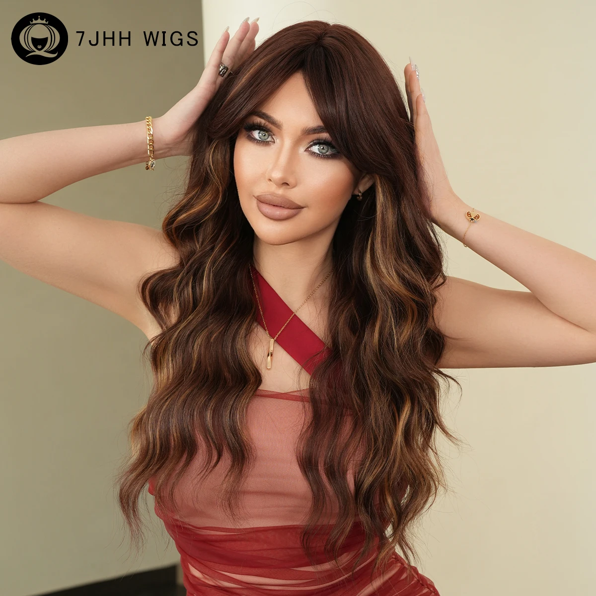 

Коричневые мелированные золотые объемные волнистые парики для женщин, синтетические скромные модные волнистые парики высокой плотности с челкой на занавеске, 26 дюймов