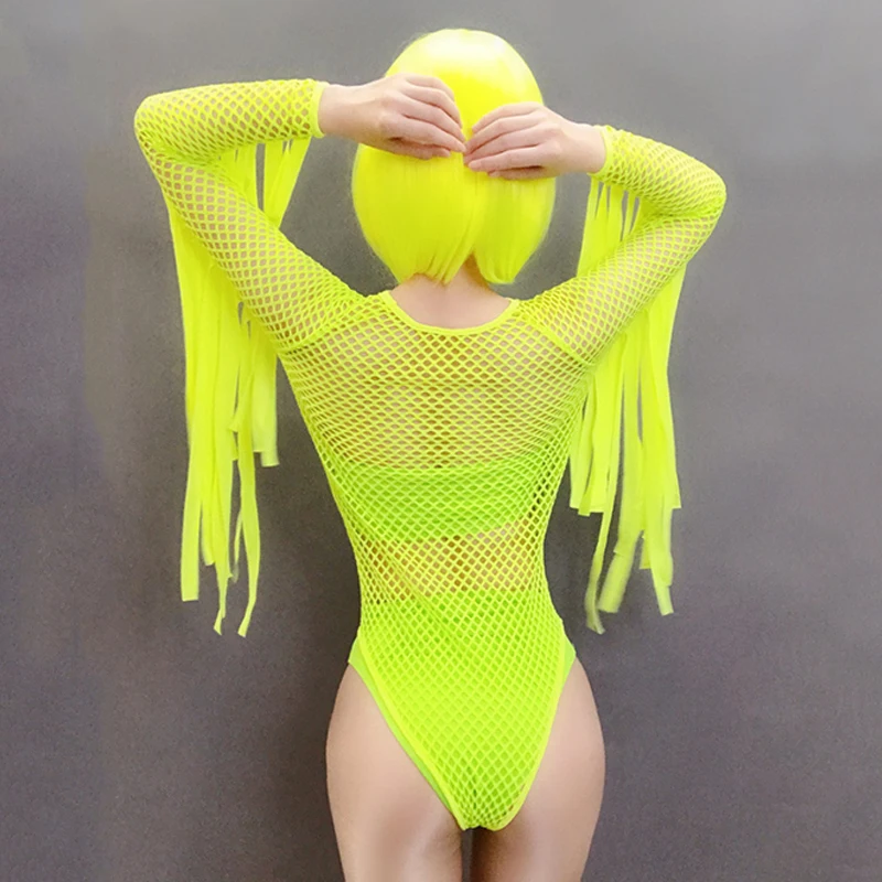 Fluorescent Green Net Bodysuit Exaggerated Long Tassel Gogo Dance Costume Pole Dance Singer Clothes Women Dj Stage Wear DNV16538