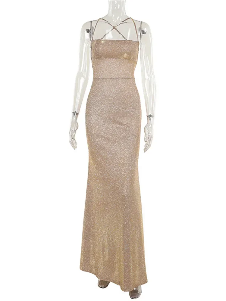 Glitter Backless Fashion Long Dress Women's Bandage Sexy Autumn 2024 Slim Sparkle Lace-Up Dress Ladies Party Dress Solid