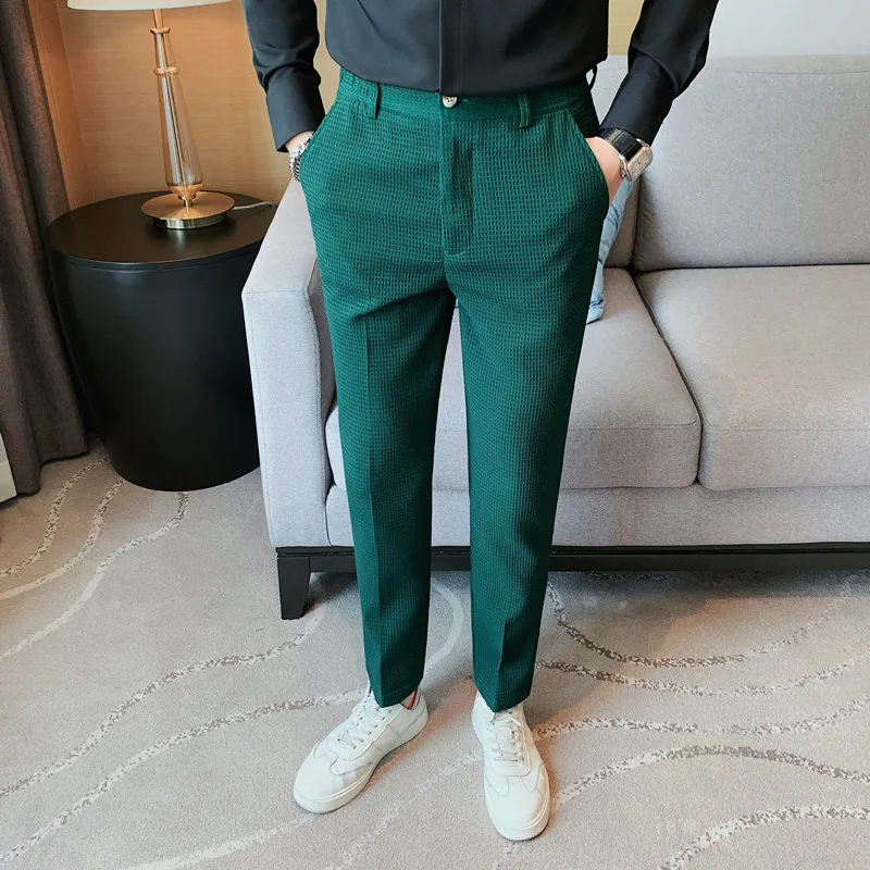 2023 Autumn New Waffle Business Dress Pants Men Elastic Waist Casual Suit Pant Classic Slim Office Social Trousers Costume Homme