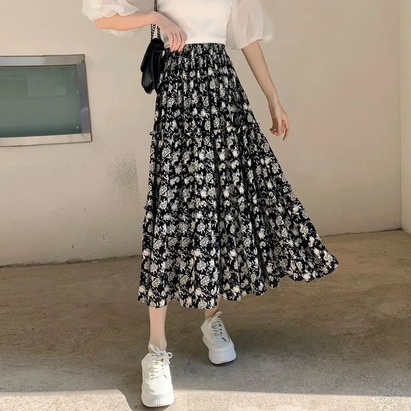 Floral Pleated Skirts Women Midi Temper Baggy Prairie Chic All-match Korean Style Classic Mujer High Waist Casual New Streetwear