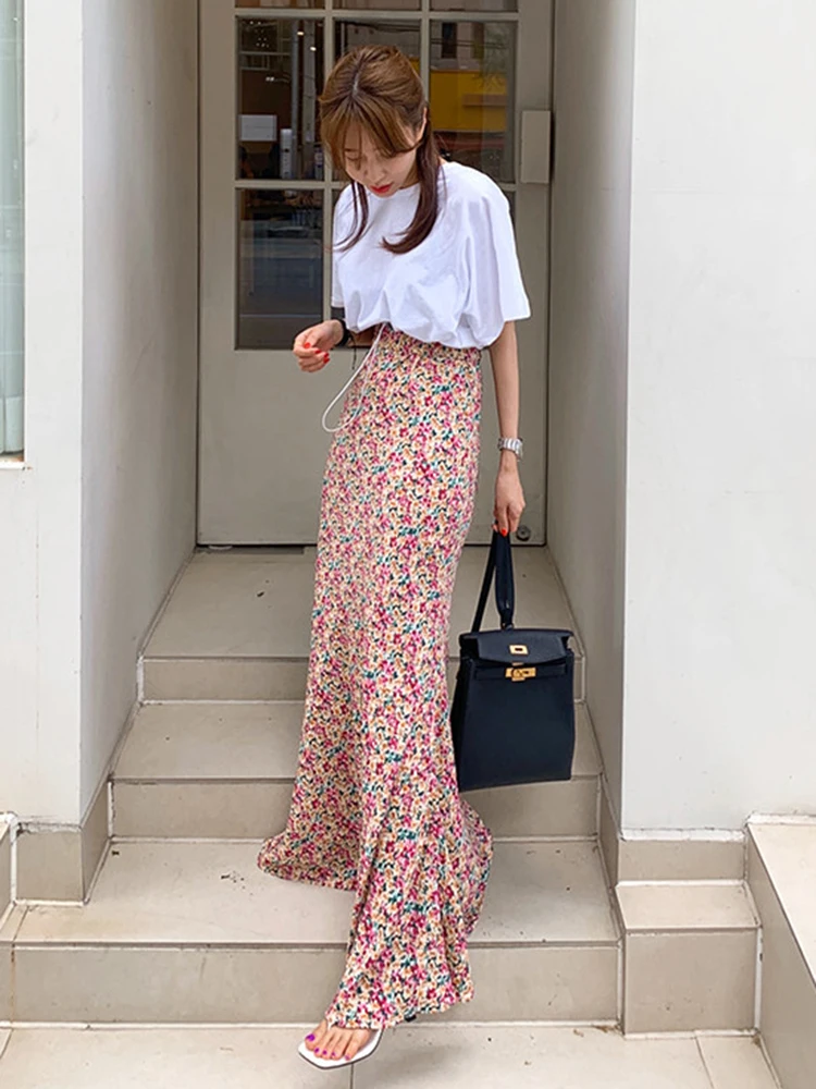 Korean Style A Line Women's Floral Skirts High Waist Mermaid Skirt Women Flower Print Skirt Womens Summer Beach Skirt